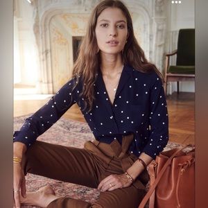 Sezane Florence silk blouse in navy and polka dot size 40 (M)